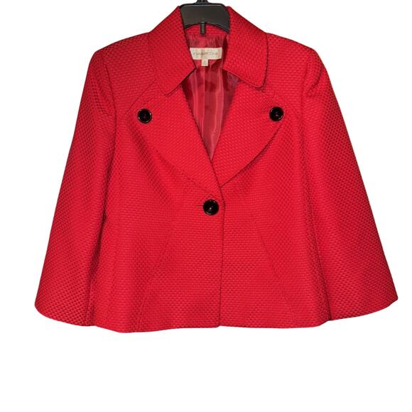 Evan Picone Red Blazer Womens 4P Open Front Lined Jacket Holidays Black Buttons - Picture 1 of 8